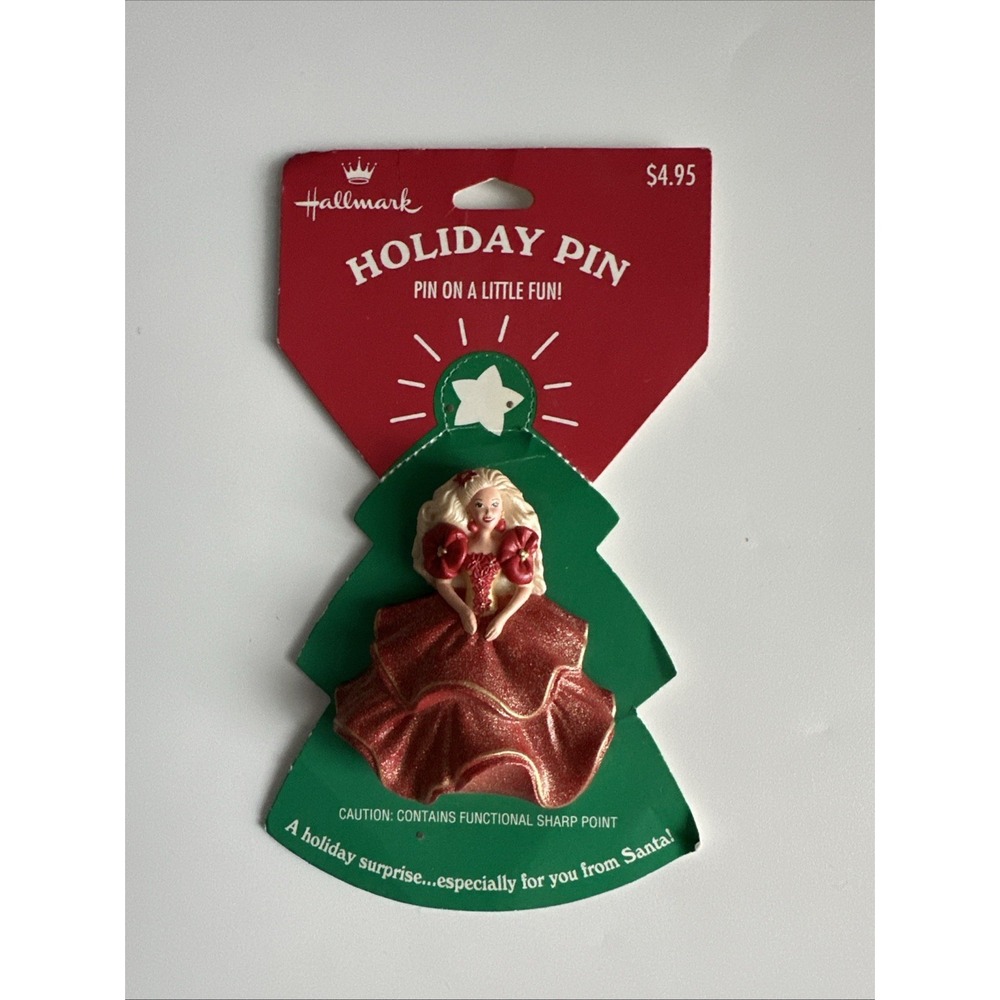 Vintage 1995 Hallmark Holiday Barbie Doll Red Dress Christmas Lapel Pin‎ *New